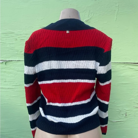 St. John Striped V-Neck Sweater in Red, White, and navy blue - Picture 4 of 9